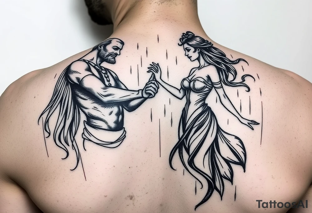 Two beautiful souls a God and a goddess dancing in the rain with pure Bliss depicting the masculinity of the male and erotic female tattoo idea