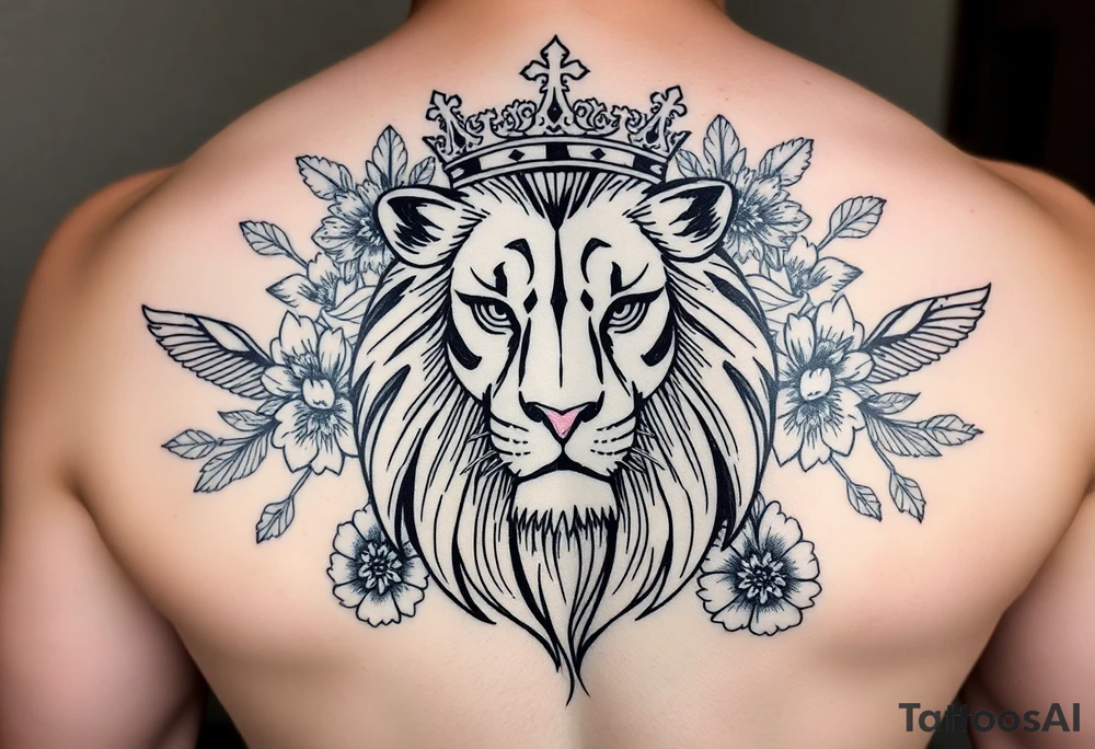 powerful majestic lion with a crown, surrounded by floral ornaments and birds tattoo idea