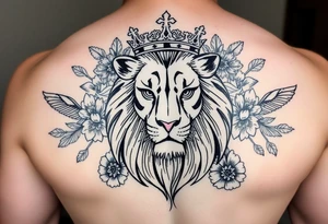 powerful majestic lion with a crown, surrounded by floral ornaments and birds tattoo idea