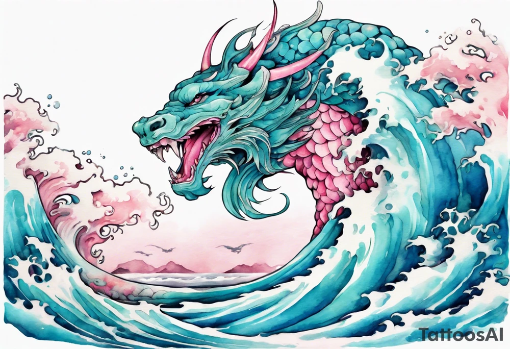 a beautiful turquoise pink and white Fafnir rising from the blue waves of the ocean tattoo idea