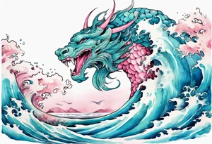 a beautiful turquoise pink and white Fafnir rising from the blue waves of the ocean tattoo idea