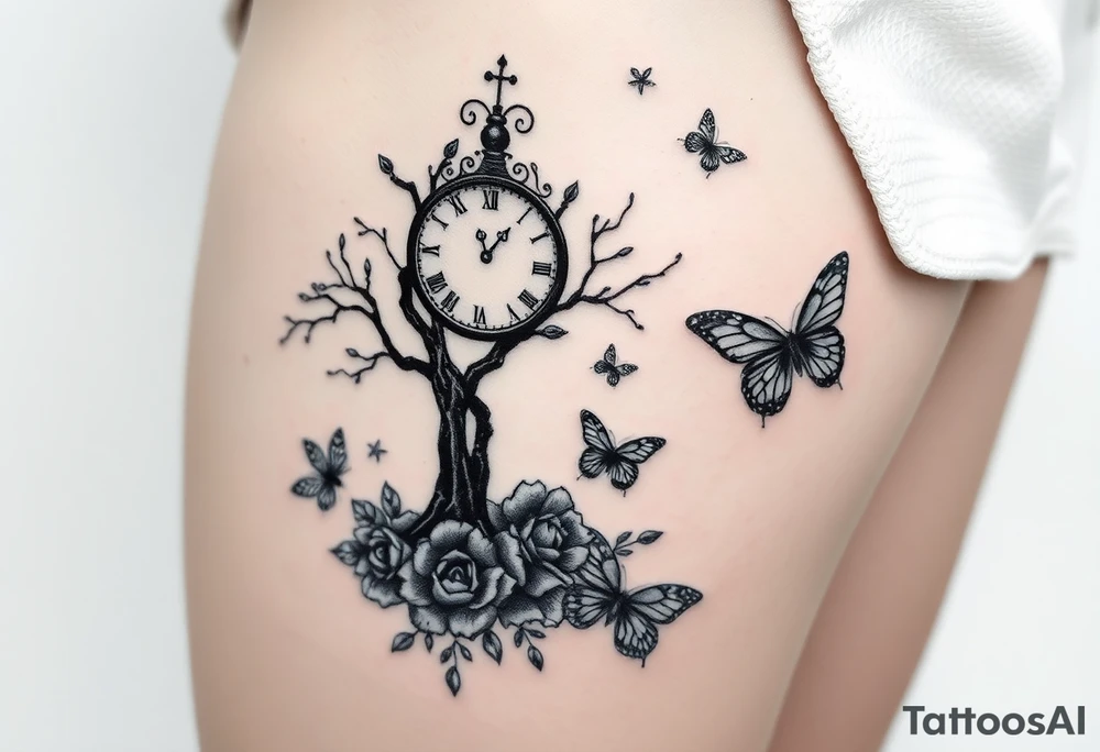 a clock, poisoned tree, big and small roses, big and small butterflies tattoo idea a clock, poisoned tree, big and small roses, big and small butterflies tattoo idea