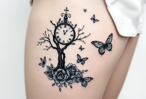 a clock, poisoned tree, big and small roses, big and small butterflies tattoo idea