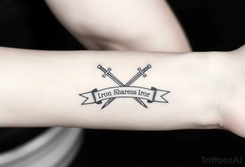 Two crossed swords in a forearm tattoo sketch style, with a flowing banner that reads “Iron Sharpens Iron.” Black ink, simple and bold. tattoo idea