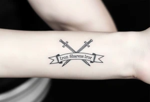 Two crossed swords in a forearm tattoo sketch style, with a flowing banner that reads “Iron Sharpens Iron.” Black ink, simple and bold. tattoo idea