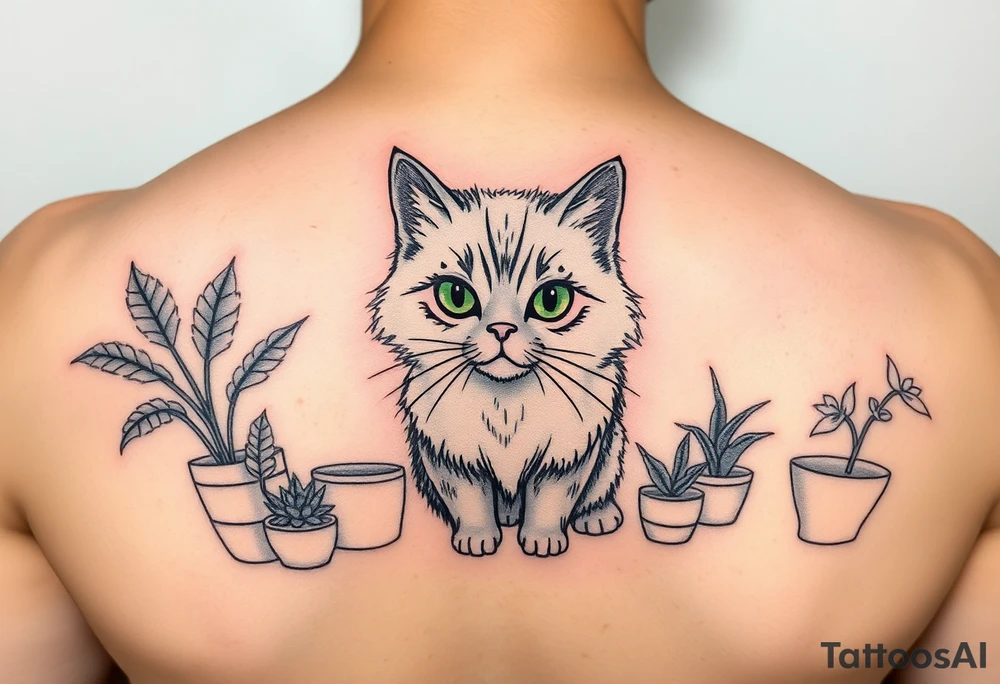 6x6 cartoonish tattoo of house plants and a fluffy grey cat with green  eyes tattoo idea
