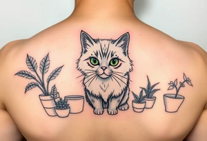 6x6 cartoonish tattoo of house plants and a fluffy grey cat with green  eyes tattoo idea