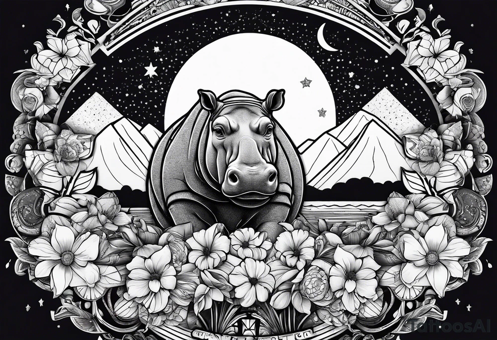 Hippo, flowers, moon, interstella,
fine lines, tribal, geometric tattoo idea