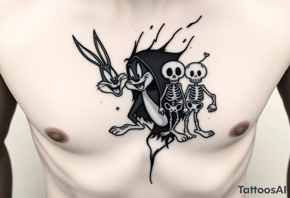i want the looney toons breaking out of right rib cage and as their body parts exit they turn to skeletons (representing my four kids 3 boys 1 girl) taz, bugz, tweety, lola tattoo idea