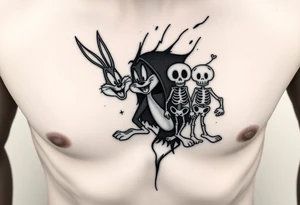 i want the looney toons breaking out of right rib cage and as their body parts exit they turn to skeletons (representing my four kids 3 boys 1 girl) taz, bugz, tweety, lola tattoo idea