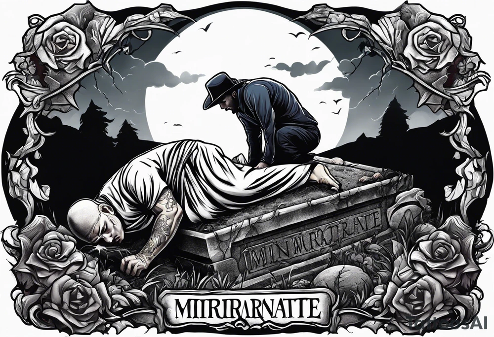 Man crawling out of grave. 
MIW Reincarnate written on gravestone tattoo idea