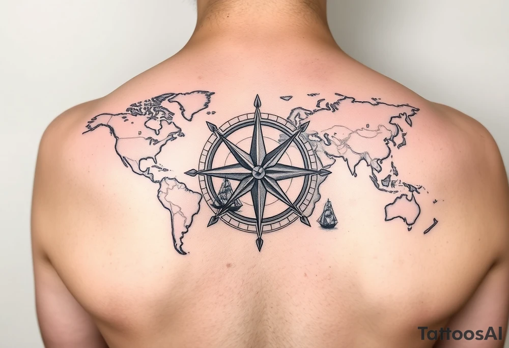 antique compass rose overlaid on weathered world map with sailing ships on hand tattoo idea