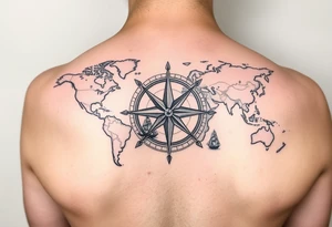 antique compass rose overlaid on weathered world map with sailing ships on hand tattoo idea