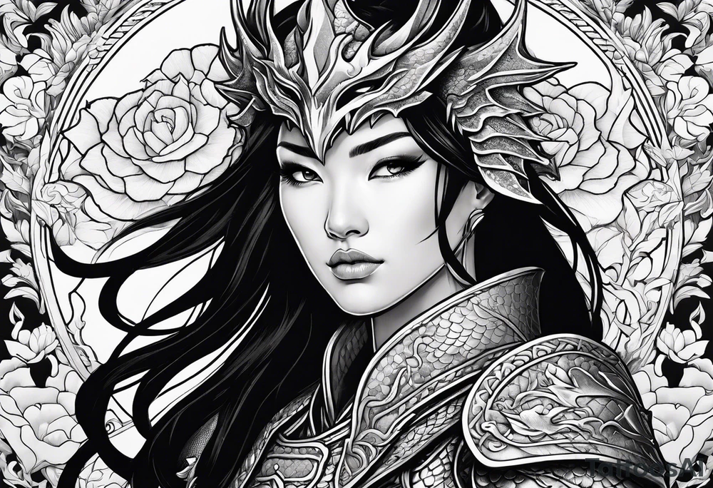 beautiful warrior woman wearing dragon armor and a floral background and a dragon a full picture tattoo idea