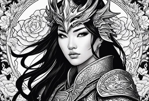 beautiful warrior woman wearing dragon armor and a floral background and a dragon a full picture tattoo idea