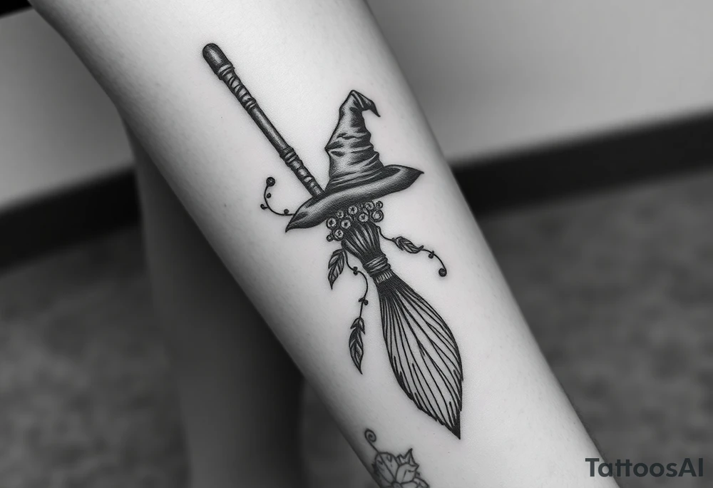 Which is broom with handle
 a witches hat with vines and feathers 
Smaller broom with hat placed on top or in the middle
Feminine and on a leg tattoo idea