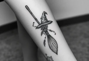 Which is broom with handle
 a witches hat with vines and feathers 
Smaller broom with hat placed on top or in the middle
Feminine and on a leg tattoo idea