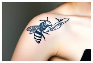 bee with a pilots hat flying next to a jet plane tattoo idea