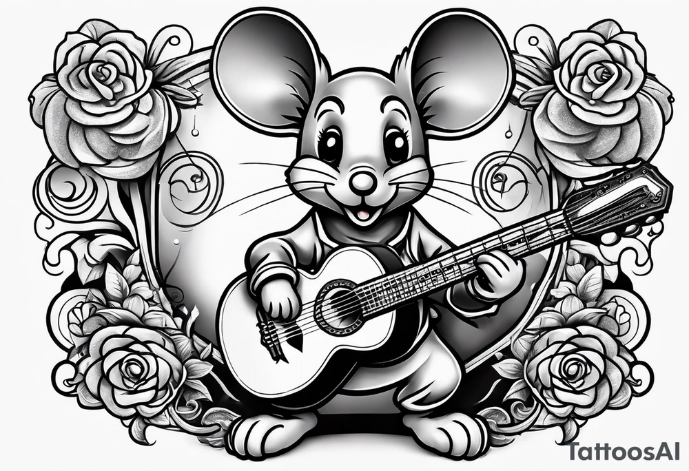 cartoon mouse playing guitar 
 american traditional tattoo idea