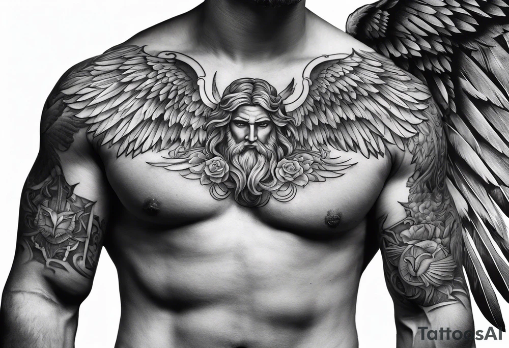 full chest tattoo with wings on shoulders with a greek god in the middle with shading tattoo idea