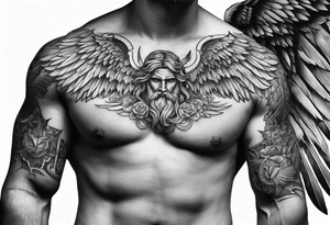 full chest tattoo with wings on shoulders with a greek god in the middle with shading tattoo idea