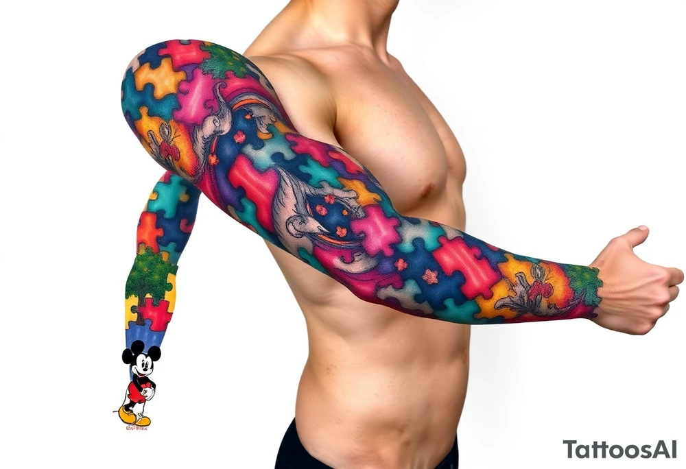 autism puzzle full color left arm sleeve completely covering full arm including Mickey Mouse and tree to start the bottom of the sleeve tattoo idea
