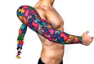 autism puzzle full color left arm sleeve completely covering full arm including Mickey Mouse and tree to start the bottom of the sleeve tattoo idea