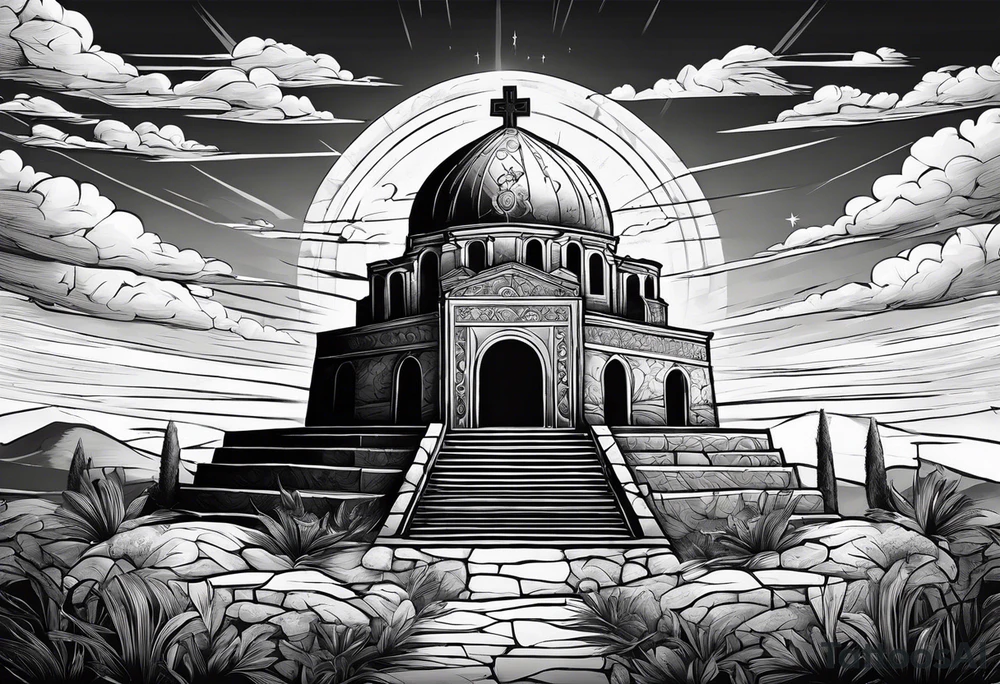 Tomb with cross and sun in the background tattoo idea