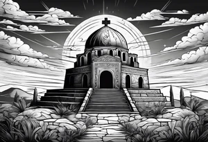 Tomb with cross and sun in the background tattoo idea