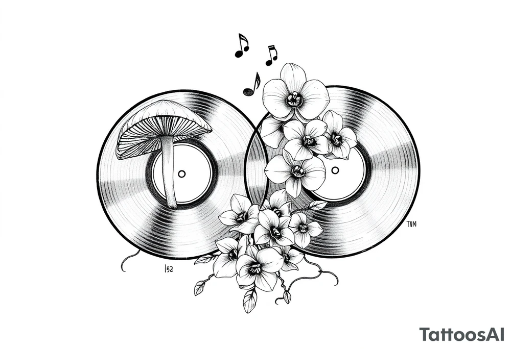 two vinyl records with mushrooms, orchids, and music notes around them tattoo idea