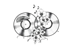 two vinyl records with mushrooms, orchids, and music notes around them tattoo idea