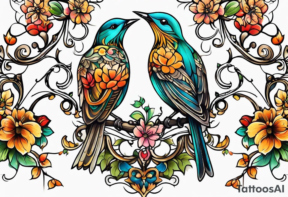 Whimsical birds and vines vertical tattoo idea