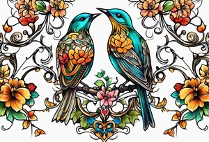 Whimsical birds and vines vertical tattoo idea