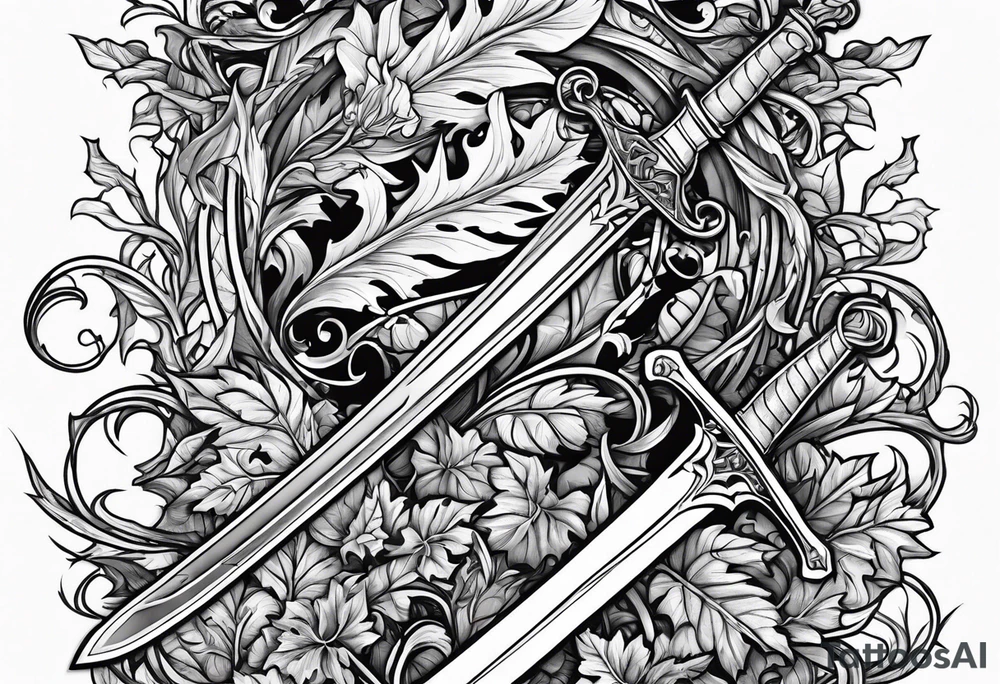 Leafy vines with sword tattoo idea