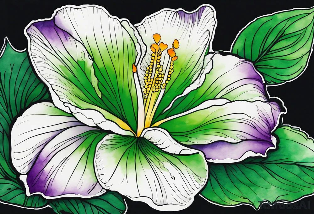 An outline of an only green rio dipladenia flower and a green/purple watercolor splash in the background tattoo idea