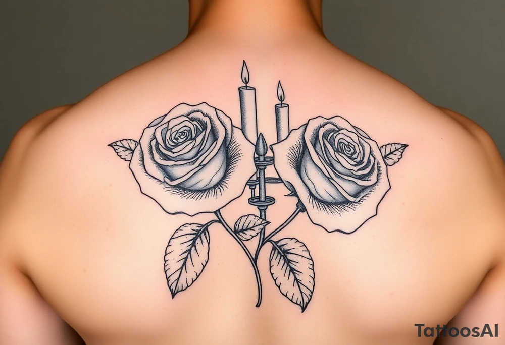 2 blue roses and candles, water, arm tattoo idea