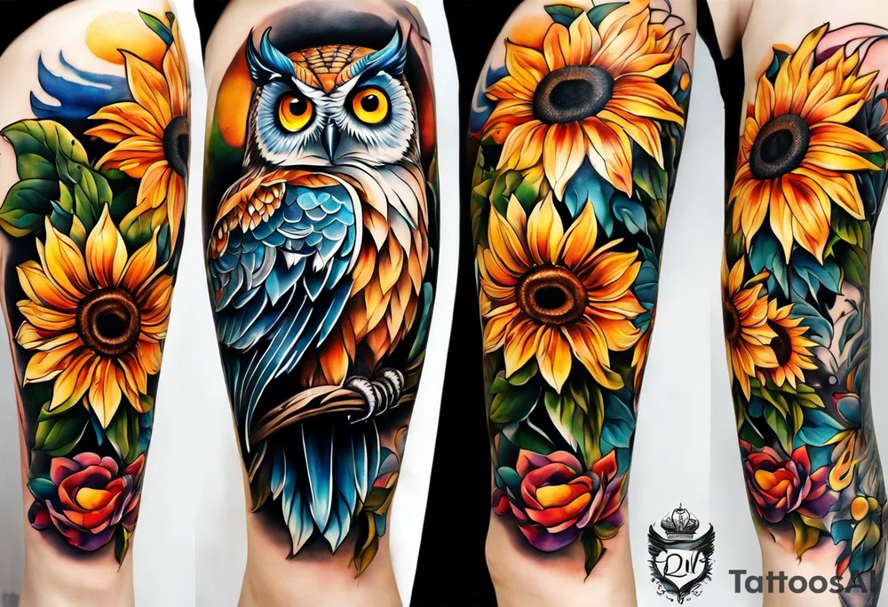 Leg sleeve with colorful sunflowers and an owl tattoo idea