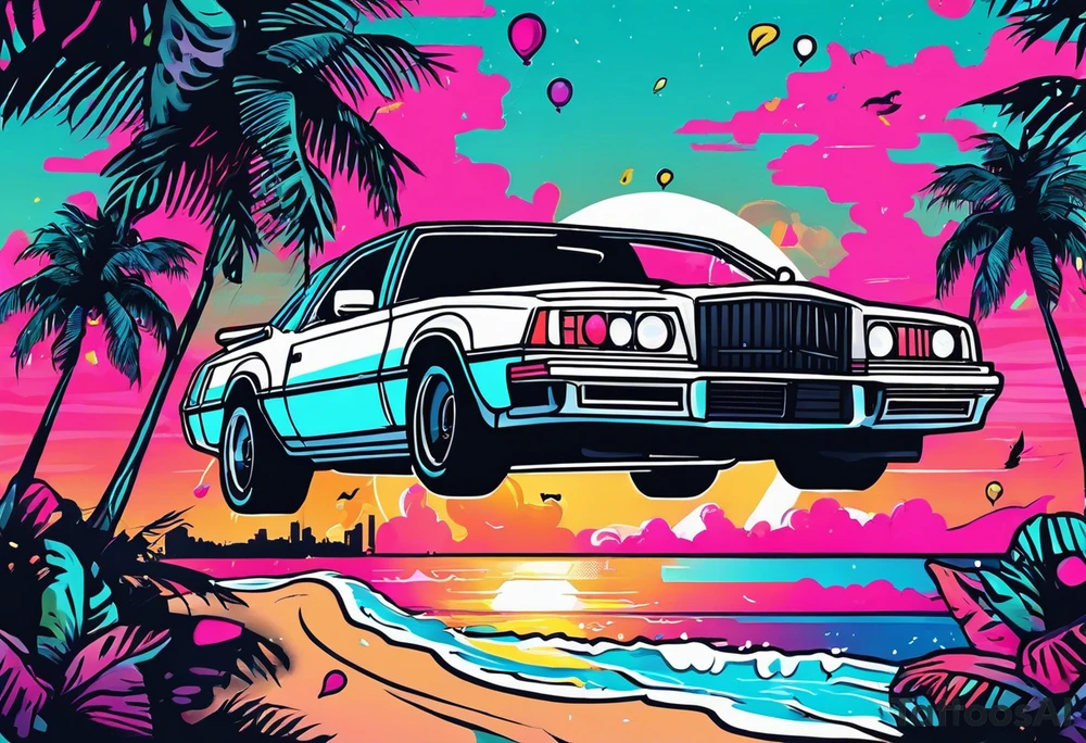 1980's miami vice style dance party with boom box, confetti, music notes in a retro eighties beach theme tattoo idea