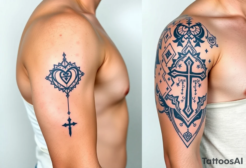 Cover right arm from shoulder to elbow, front and back.
Style is geométricas and tribal. Include healthy and wellness symbols, making a connection between the symbols. Include hearts and names of son and daughter small hidden in the symbols: Isabela, Gabriel, Laura.
Include cross tattoo idea
