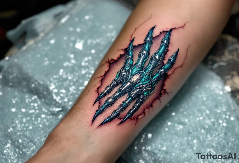 A tattoo of torn-away skin revealing biomech tendons in shimmering teal and plated titanium knuckles. tattoo idea