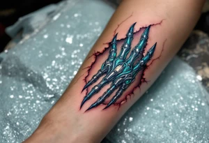 A tattoo of torn-away skin revealing biomech tendons in shimmering teal and plated titanium knuckles. tattoo idea