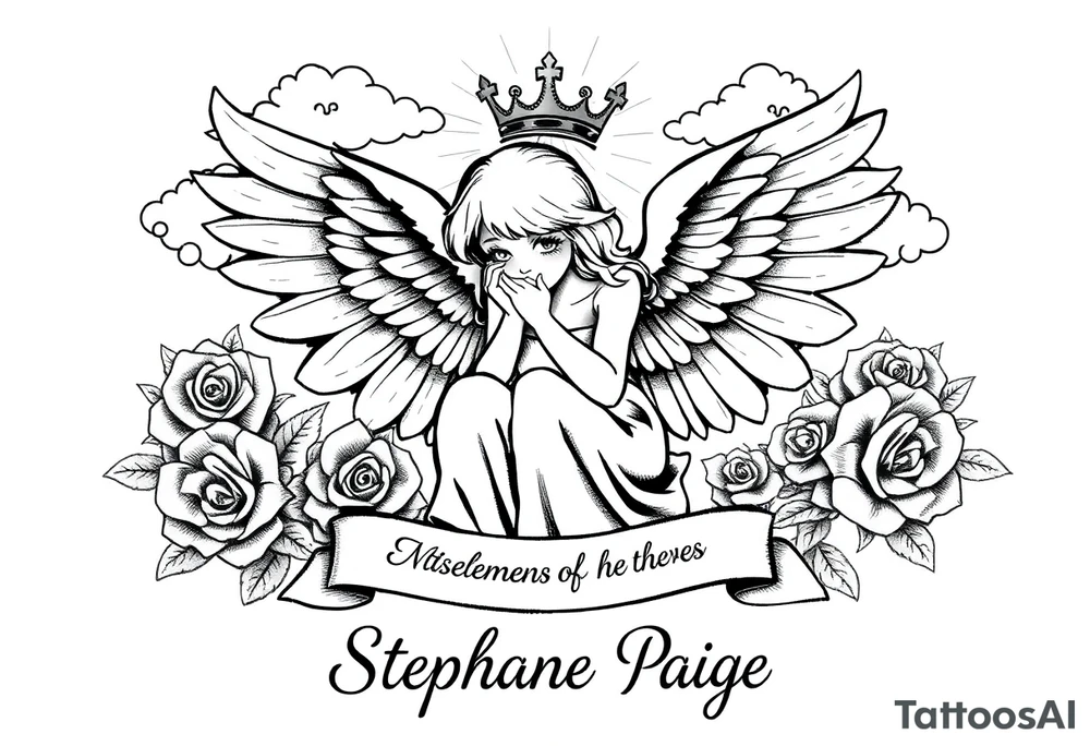 A beautiful memorial tribute tattoo with a fallen angel with big beautiful wings kneeled down crying with roses all around and clouds above and beams of haven shining down. With the saying " You were my favorite hello,and my hardest goodbye.Until we meet again,my sweet girl,rest easy" with the name Stephanie Paige underneath the saying ,all in bold beautiful writing or font. Add a bold crown at the top of it all and any extras you feel would blend or go with this idea. tattoo idea