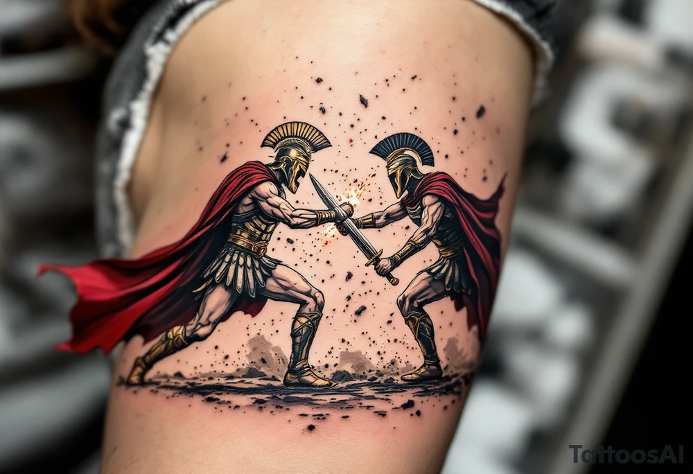 Eternal Gladiator Battle – A hyper-realistic tattoo of two gladiators locked in combat, their bronze and steel weapons clashing, sending sparks flying. Their red and black capes billow in the dust-filled arena, and the Colosseum crowd roars in the background. tattoo idea
