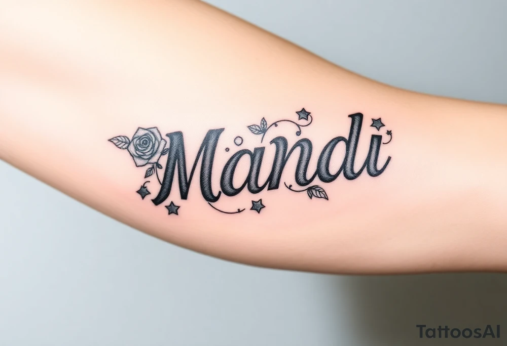 Name Mandi with blue eyes roses and stars tattoo idea