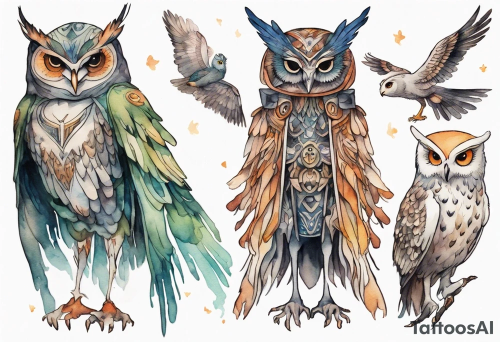a creature in a tunic wearing an owl mask with long thin legs, the feet of a bird, and wings instead of arms in an evening forest tattoo idea