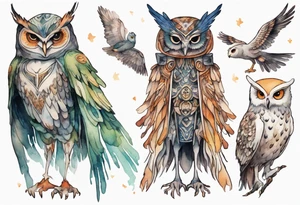 a creature in a tunic wearing an owl mask with long thin legs, the feet of a bird, and wings instead of arms in an evening forest tattoo idea