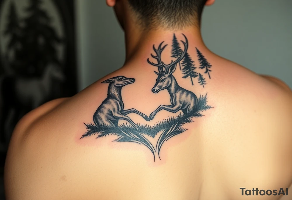 Photo realistic Vertical aligned nature scene with two deer fighting. Heavy detail in the back ground. This is going on a fire arm

This ai sucks tattoo idea