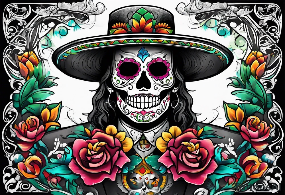 Mexico day of dead  man standing
 drink horizontal tattoo idea