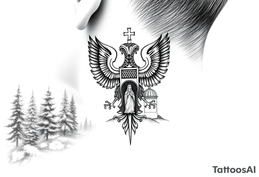 russian coat of arms double headed eagle traditional christian orthodox cross with a virgin mary stood in the entrance of a russian orthodox dome church on the side of the neck in a wilderness setting tattoo idea