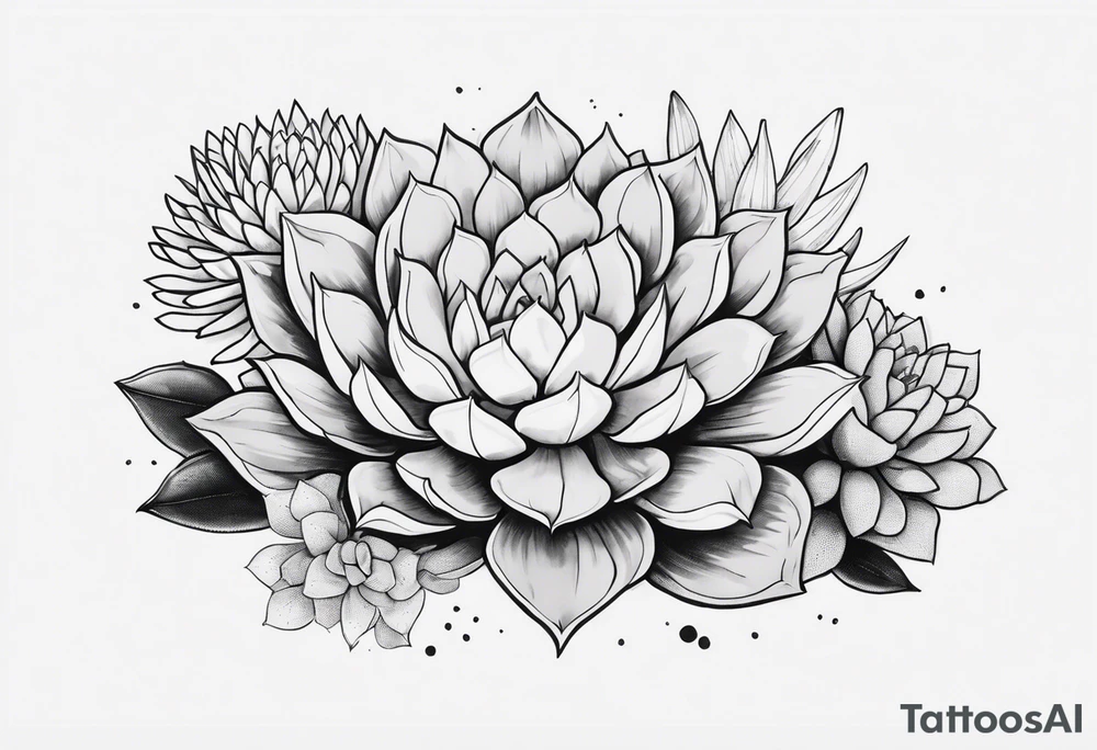 fine line. one big succulent in the middle. Two smaller succulents on the side. Dots and floral
. Sternum tattoo grey scale shading tattoo idea